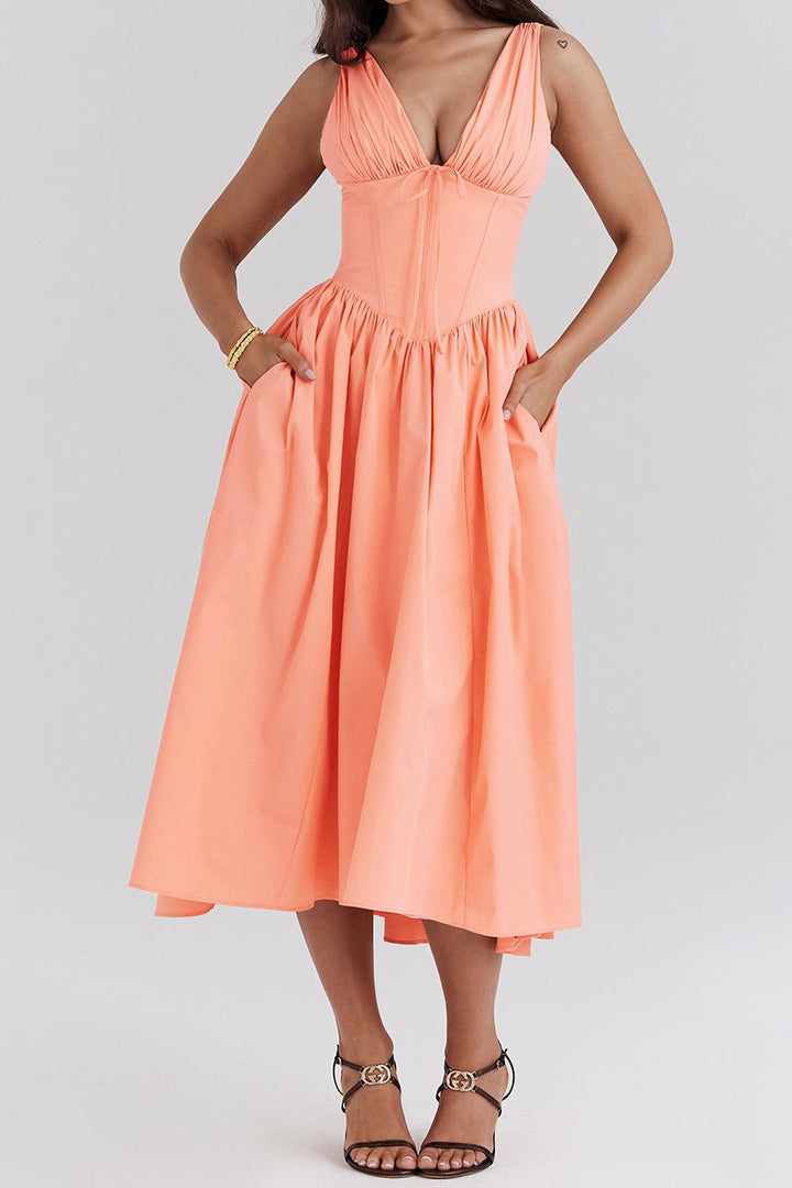 Women’s A-Line Dress – V-Neck – Lightweight Fabric – Midi Length – Floral Print