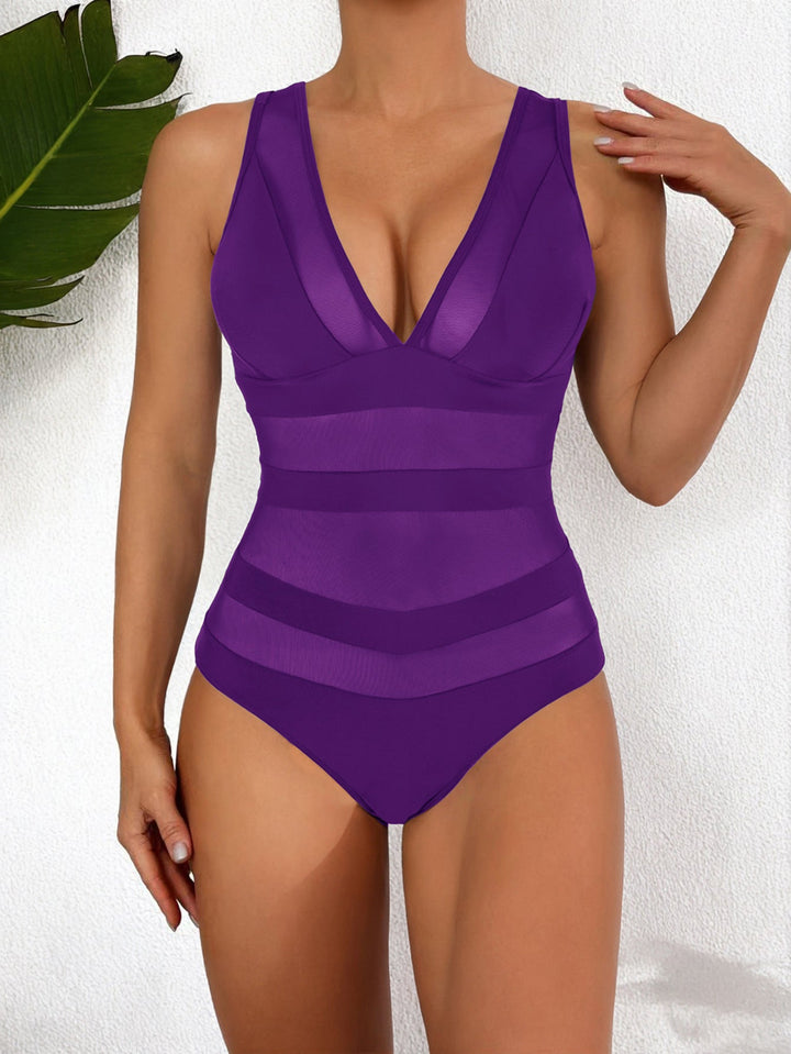 Women’s One-Piece Swimsuit – Form-Fitting – Mesh Detail – Deep V-Neck – Elegant Design