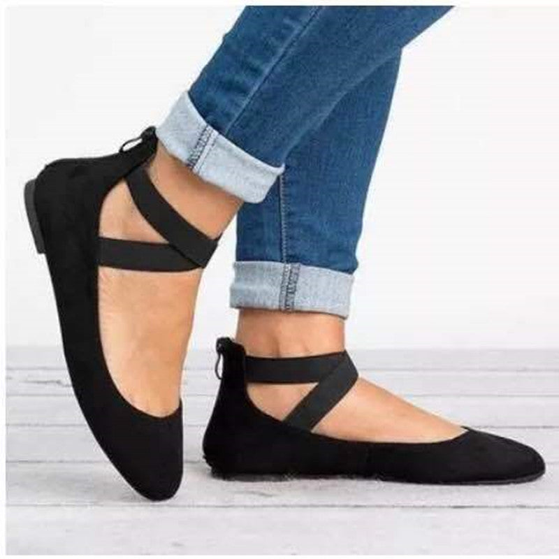 Women’s Ballet Flats – Suede Finish – Elastic Strap – Rounded Toe – Low Profile Fit