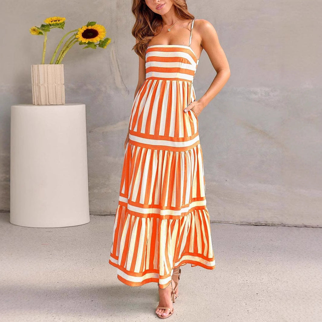 Women’s Maxi Dress – Cotton – Tiered Skirt – Striped – Spaghetti Strap – Flowy Fit