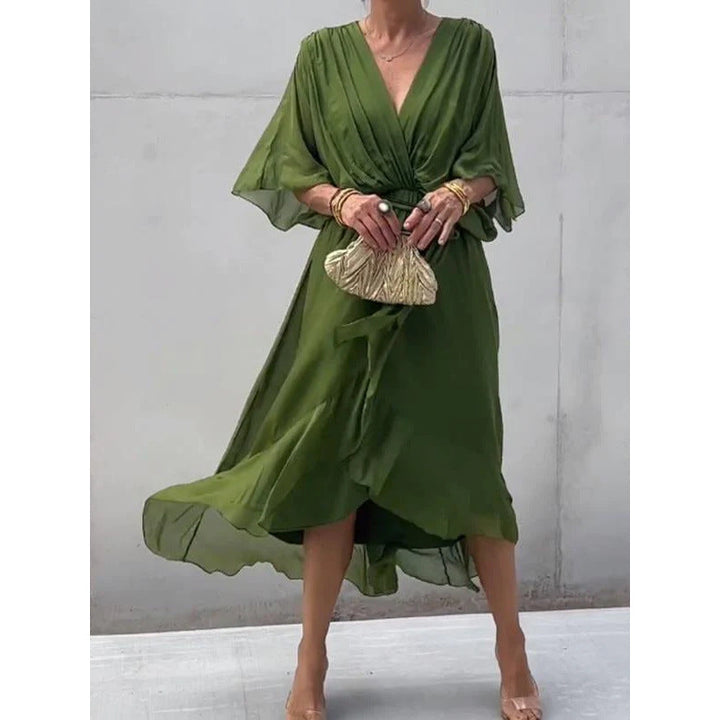 Women’s Maxi Dress – Flowing Fit – Batwing Sleeves – Tie Waist – Asymmetrical Hem