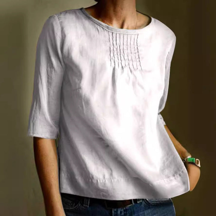 Women’s Blouse – Lightweight Cotton Blend – Relaxed Fit – Pintuck Front – 3/4 Sleeve