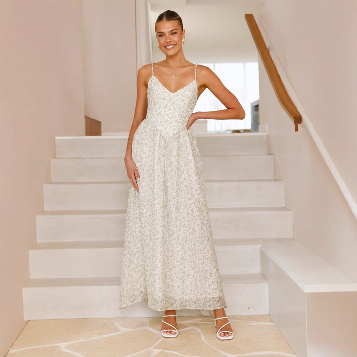 Women’s Maxi Dress – Spaghetti Straps – Open Back Bow – Floral Print – Flowy Fit