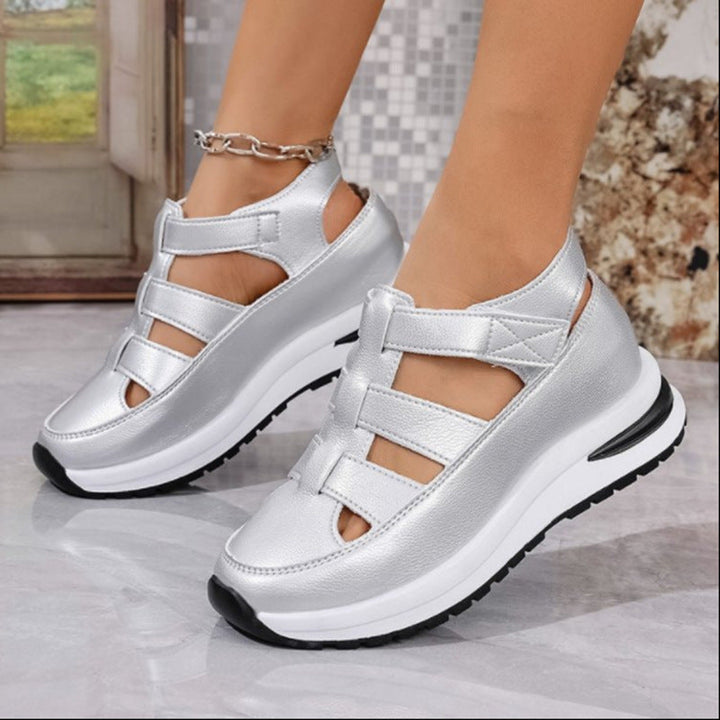Women’s Wedge Sandals – Closed Toe – Cut-Out Design – Cushioned Platform – Velcro Straps