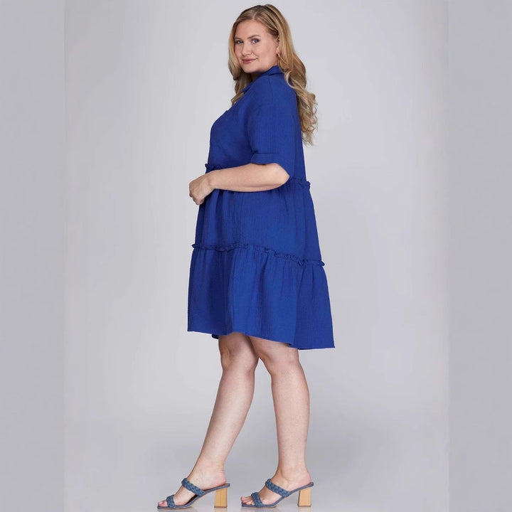 Women’s Mini Dress – Cotton Linen – Shirt Collar – Tiered Skirt – Loose Fit Casual Style