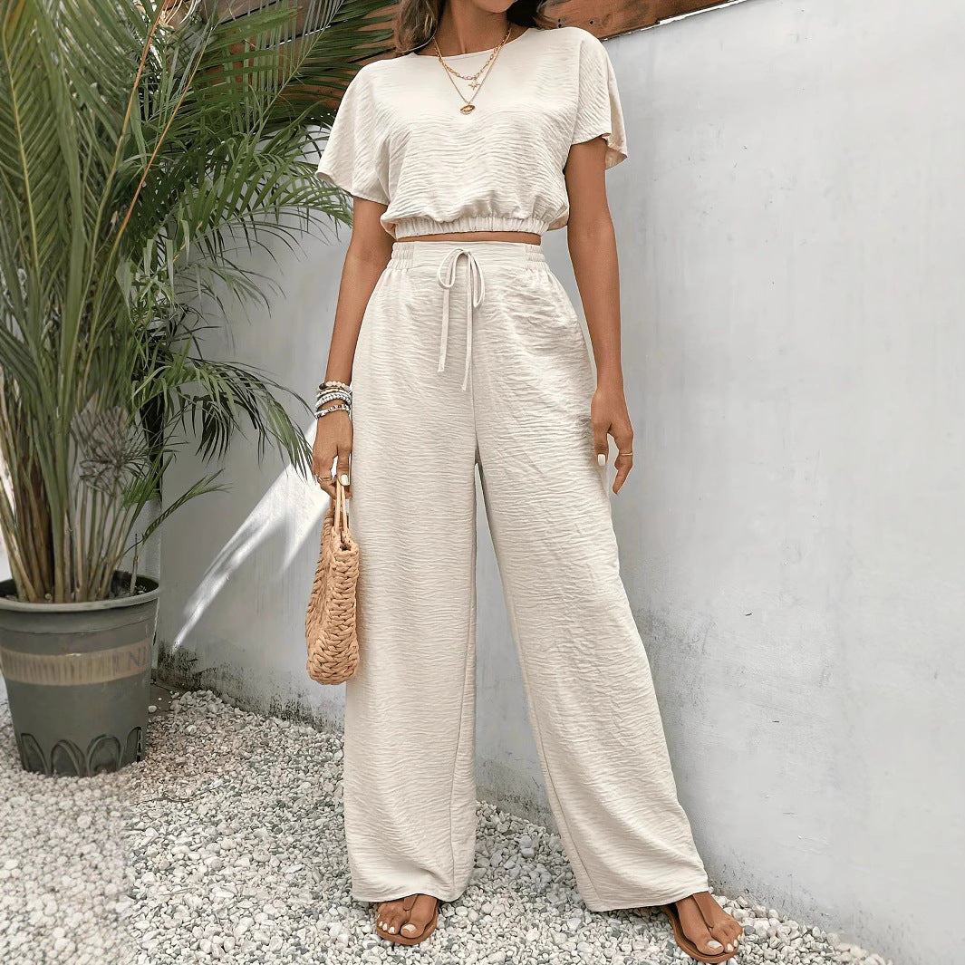 Women’s Two-Piece Set – Crop Top Relaxed Fit – High-Waist Wide-Leg Pants – Textured Fabric