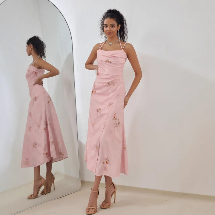Women’s A-Line Dress – Embroidered Floral – Spaghetti Strap – Draped Neck – Midi Length