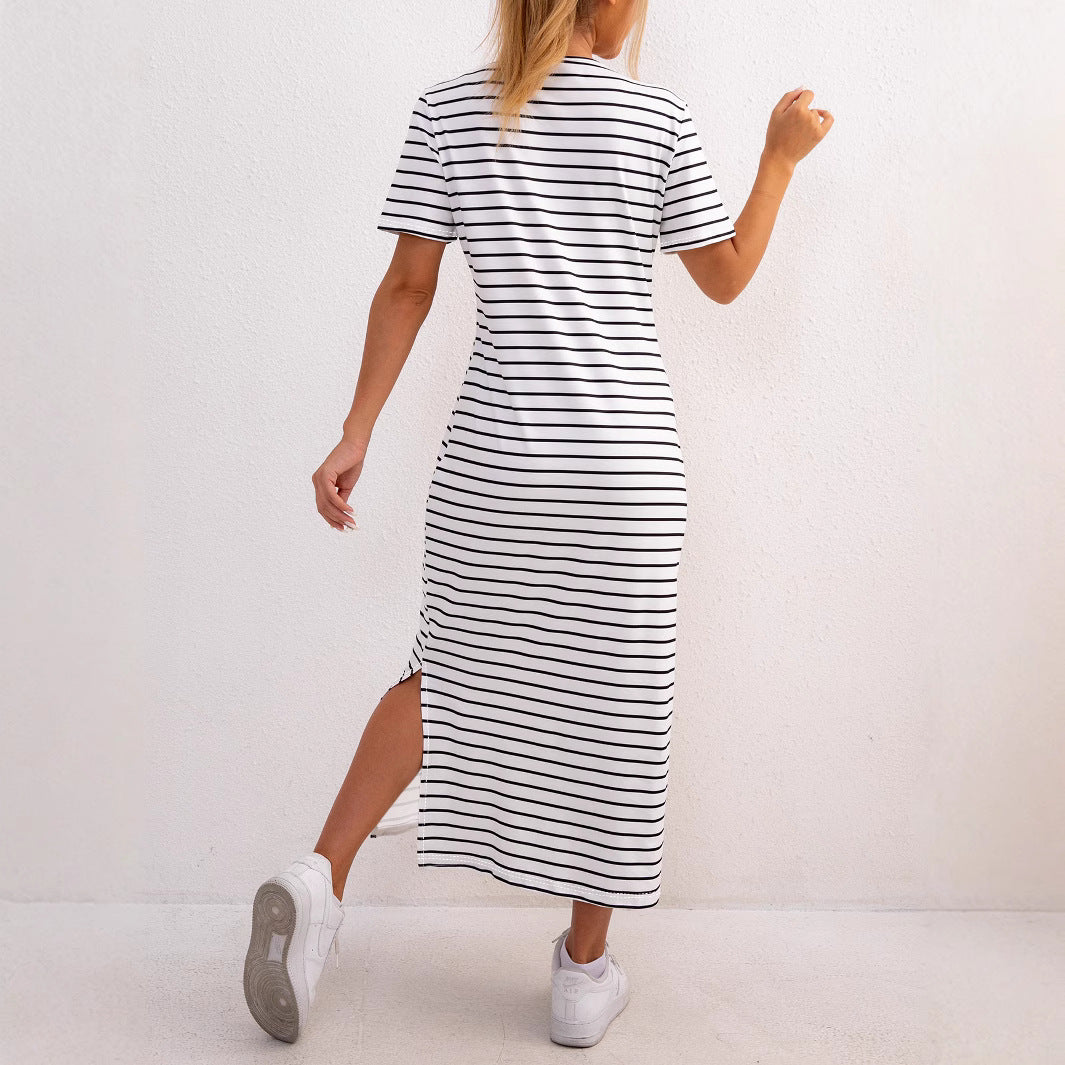 Women’s Midi Dress – Soft Knit – Relaxed Fit – Stripe Pattern – Side Slit Casual Style