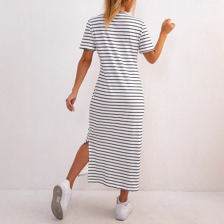 Women’s Midi Dress – Soft Knit – Relaxed Fit – Stripe Pattern – Side Slit Casual Style