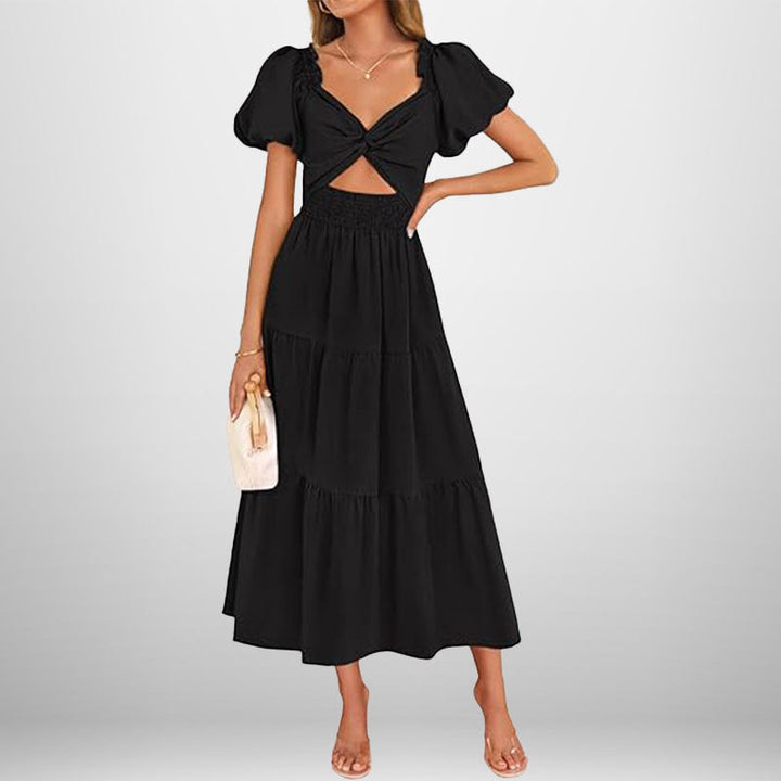 Women’s Midi Dress – Twisted Knot Bust – Puff Sleeve – Tiered Skirt – Shirred Waist