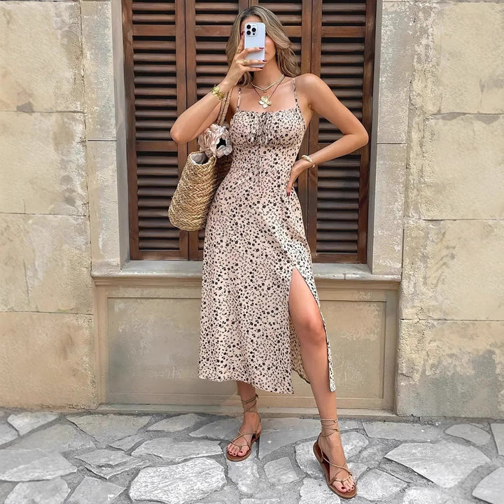 Women’s Midi Dress - Fitted Bodice - Spaghetti Straps - Floral Print - Side Slit