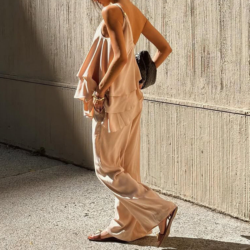 Women's Two-Piece Set - Asymmetrical Ruffle Top - Wide-Leg Trousers - Relaxed Fit