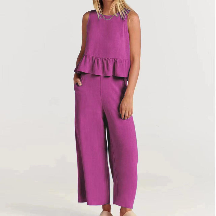 Women’s Two-Piece Set – Sleeveless Peplum Top – Wide-Leg High-Waist Pants – Lightweight Breathable