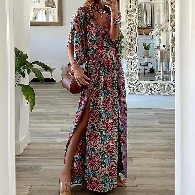 Women’s Long Dress – Bohemian Print – V-Neck – Short Sleeve – Relaxed Fit – Side Slit