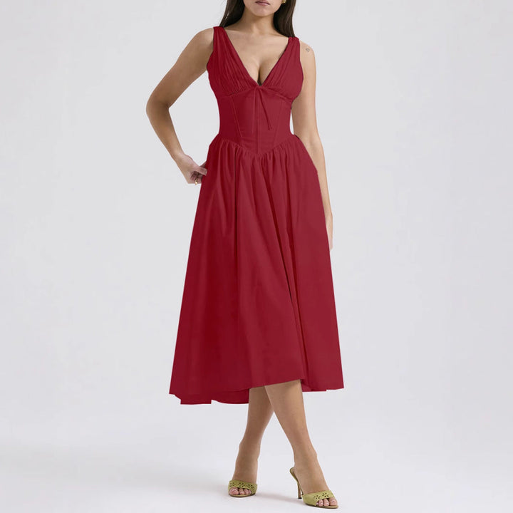 Women’s A-Line Dress – V-Neck – Lightweight Fabric – Midi Length – Floral Print