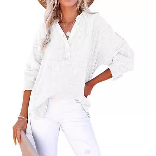 Women’s Long Sleeve Top – Relaxed Fit – Pleated Front – Button Detail – Natural Fibers