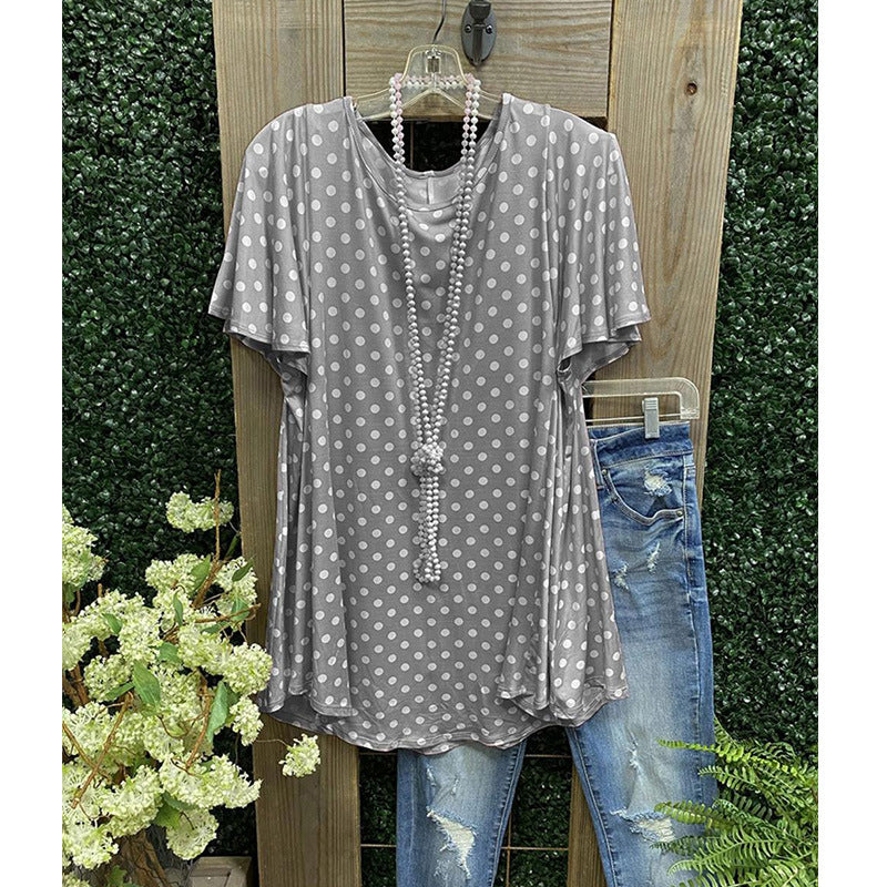 Women’s Tunic Top – Loose Fit – Short Sleeve – Soft Breathable Blend – Polka Dot