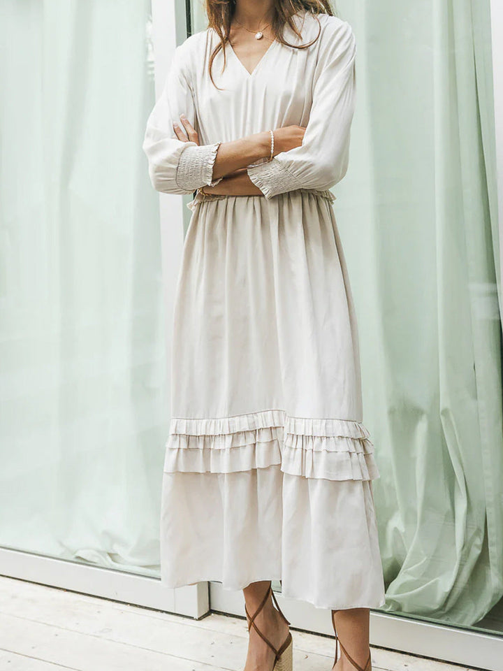 Women’s Midi Dress – V-Neck Relaxed Fit – Tiered Ruffle – Long Sleeve – Breathable Blend