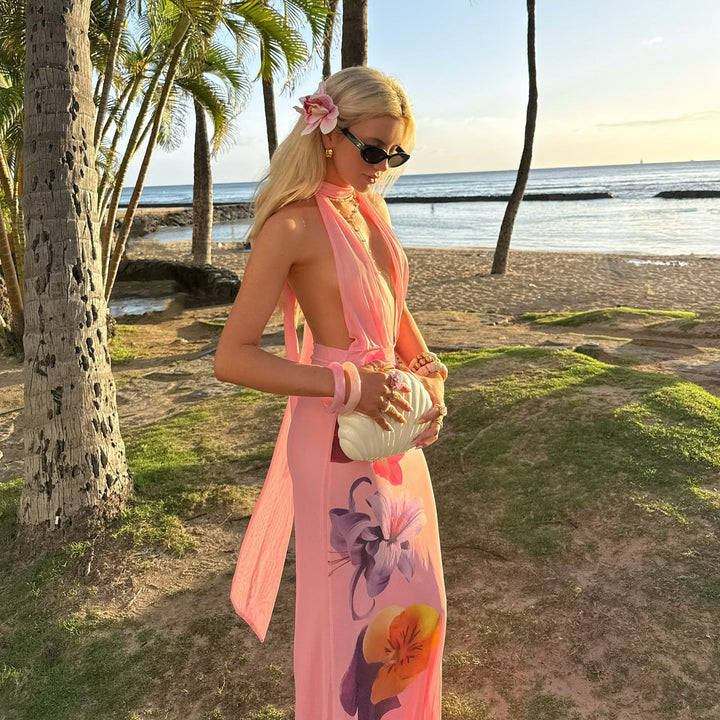Women’s Maxi Dress - Halter Neck - Deep V-Neck - Fitted Bodice - Floral Flowing Skirt