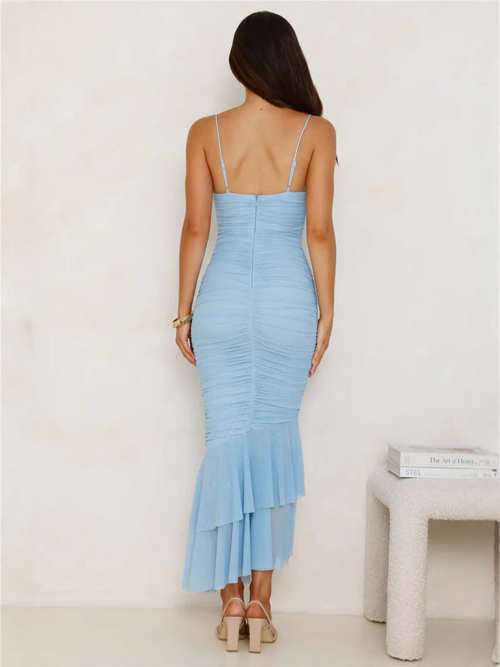 Women’s Evening Dress - Mermaid Fit - Ruched Texture - Floral Appliqué - Spaghetti Straps