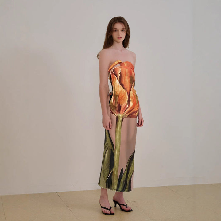 Women’s Strapless Midi Dress – Flowing Silhouette – Lightweight Abstract Pattern