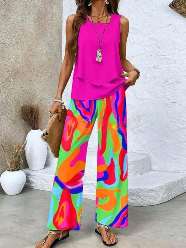 Women's Two-Piece Set - Sleeveless Layered Top - Wide-Leg Trousers