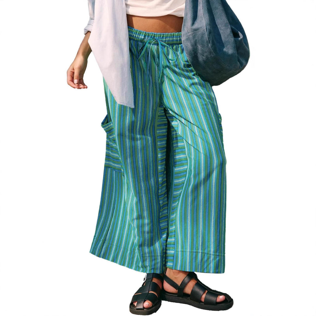 Women’s Wide-Leg Pants - Relaxed Fit - Breathable Blend - Drawstring Waist - Striped