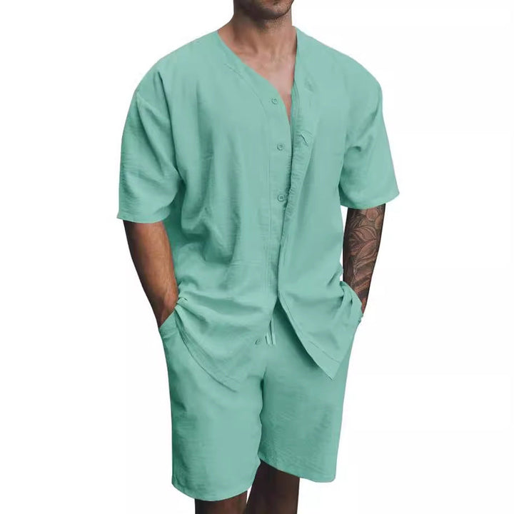 Men’s Lounge Set – Short Sleeve Button Shirt – Relaxed Fit Shorts – Breathable Cotton