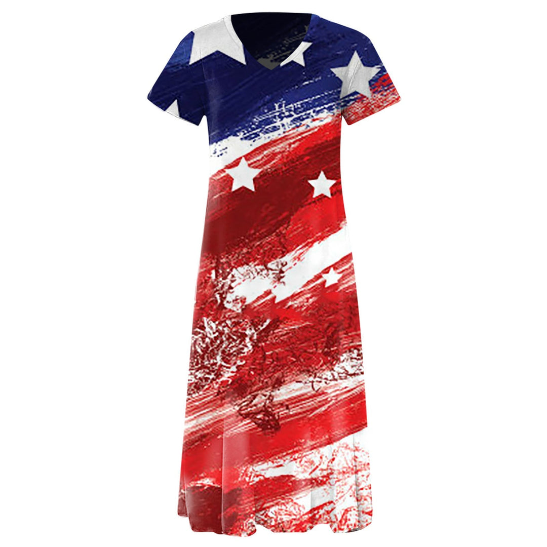 Women’s Maxi Dress – Relaxed Fit – V-Neck – Short Sleeve – Cotton Blend – Graphic Print