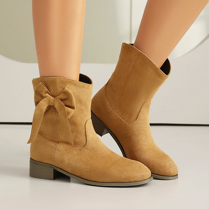 Women’s Ankle Boots – Suede Texture – Low Heel – Decorative Bow – Casual Comfort Fit
