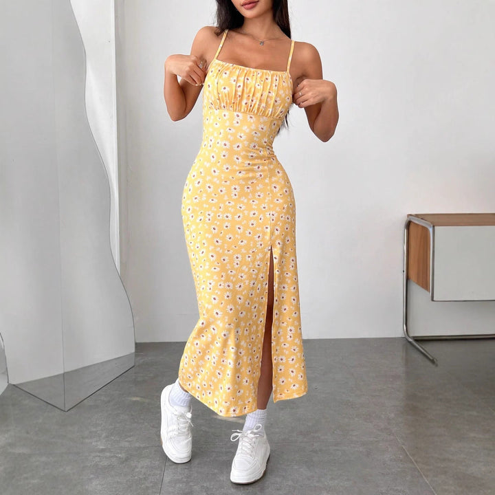 Women’s Midi Dress - Slim Fit - Spaghetti Straps - Floral Print - Side Slit Elegant Style