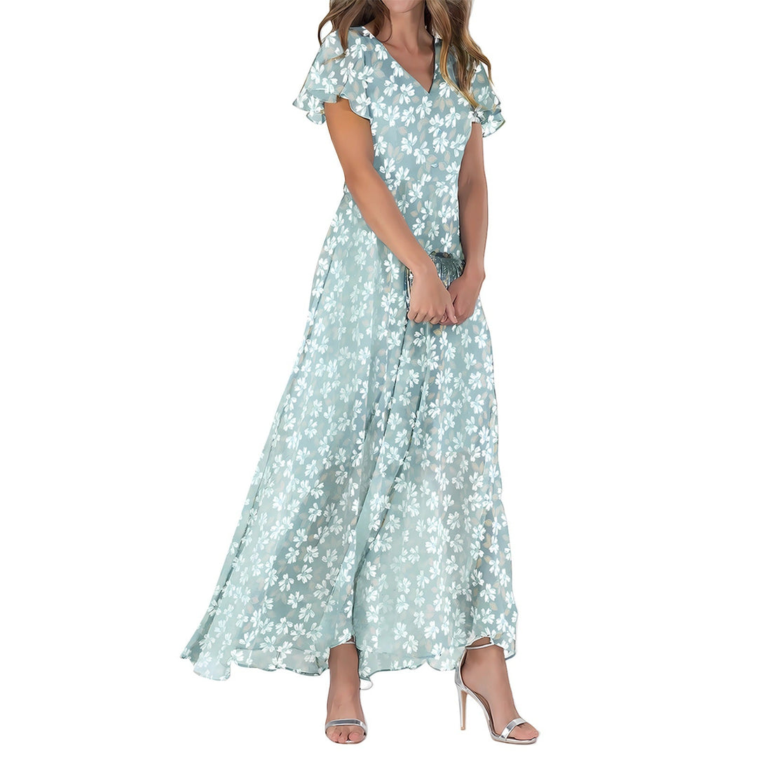 Women’s Maxi Dress - Flowy Fit - V-Neck - Flutter Sleeve - Soft Luxury Fabric - Floral Print