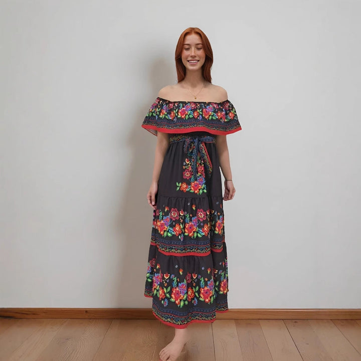 Women’s Maxi Dress – Off-Shoulder – Floral Embroidery – Ruffled Detail – Flowy Fit