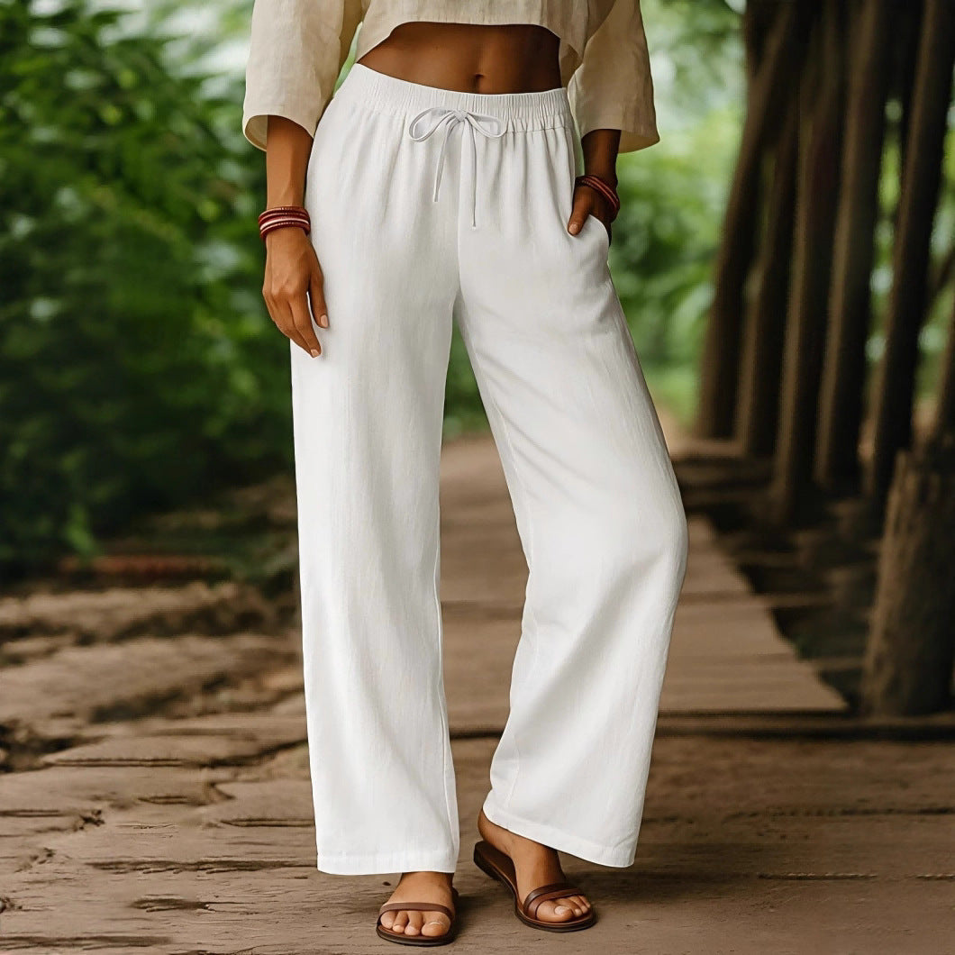 Women’s Wide Leg Pants – Cotton Linen – Relaxed Fit – Elastic Waist Drawstring