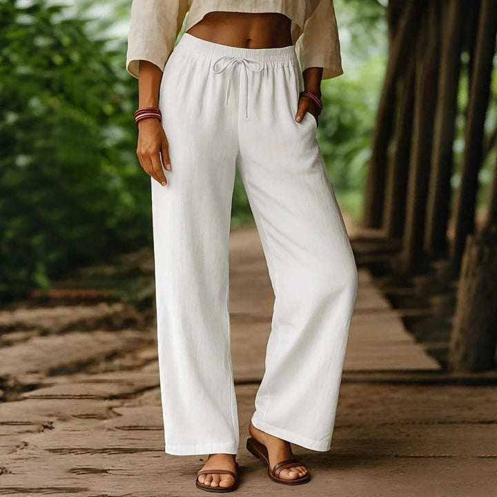 Women’s Wide Leg Pants – Cotton Linen – Relaxed Fit – Elastic Waist Drawstring