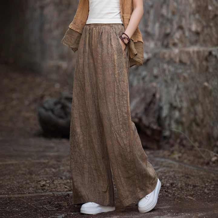 Women’s Wide-Leg Pants - Elastic Waist - Relaxed Fit - Lightweight Textured Fabric