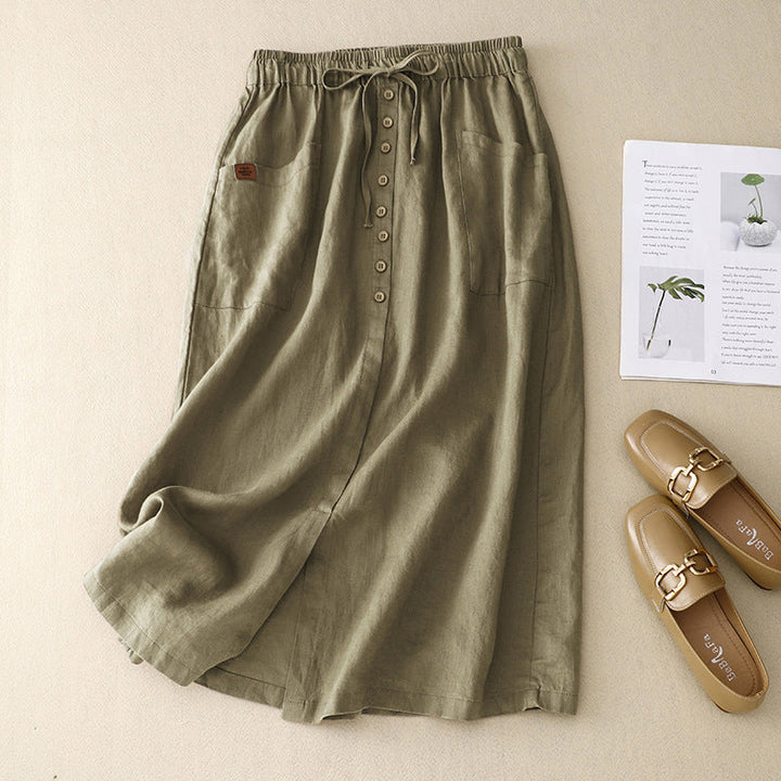 Women’s Mid-Length Skirt – A-Line Fit – Natural Fibers – Drawstring Waist – Front Pockets