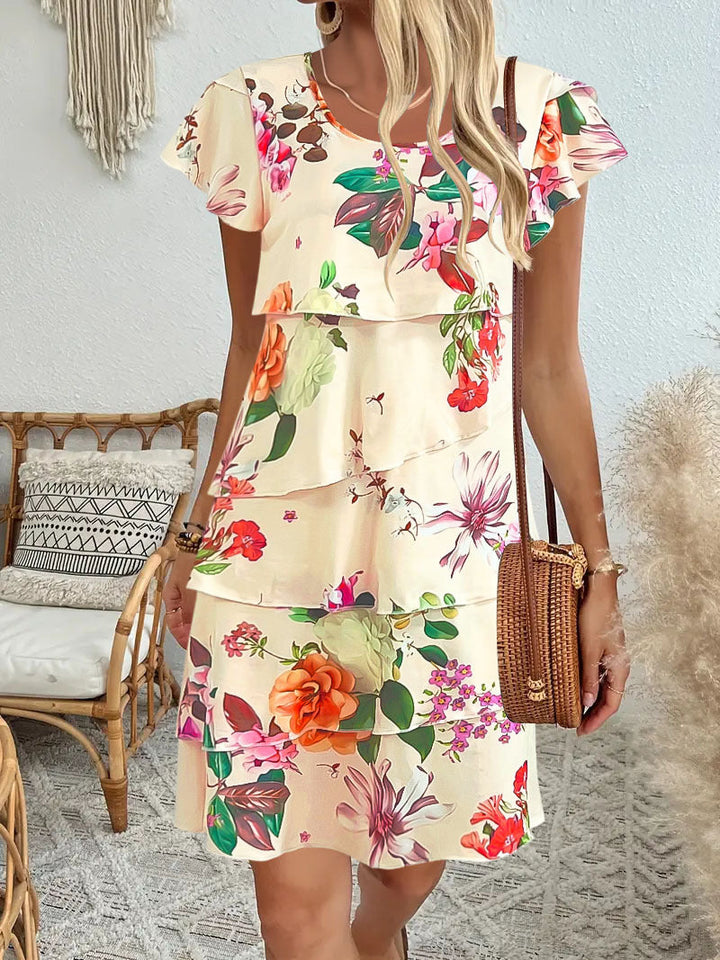 Women’s Midi Dress - Relaxed Fit - Tiered Splice - Lotus Leaf Sleeves - Printed Casual Style