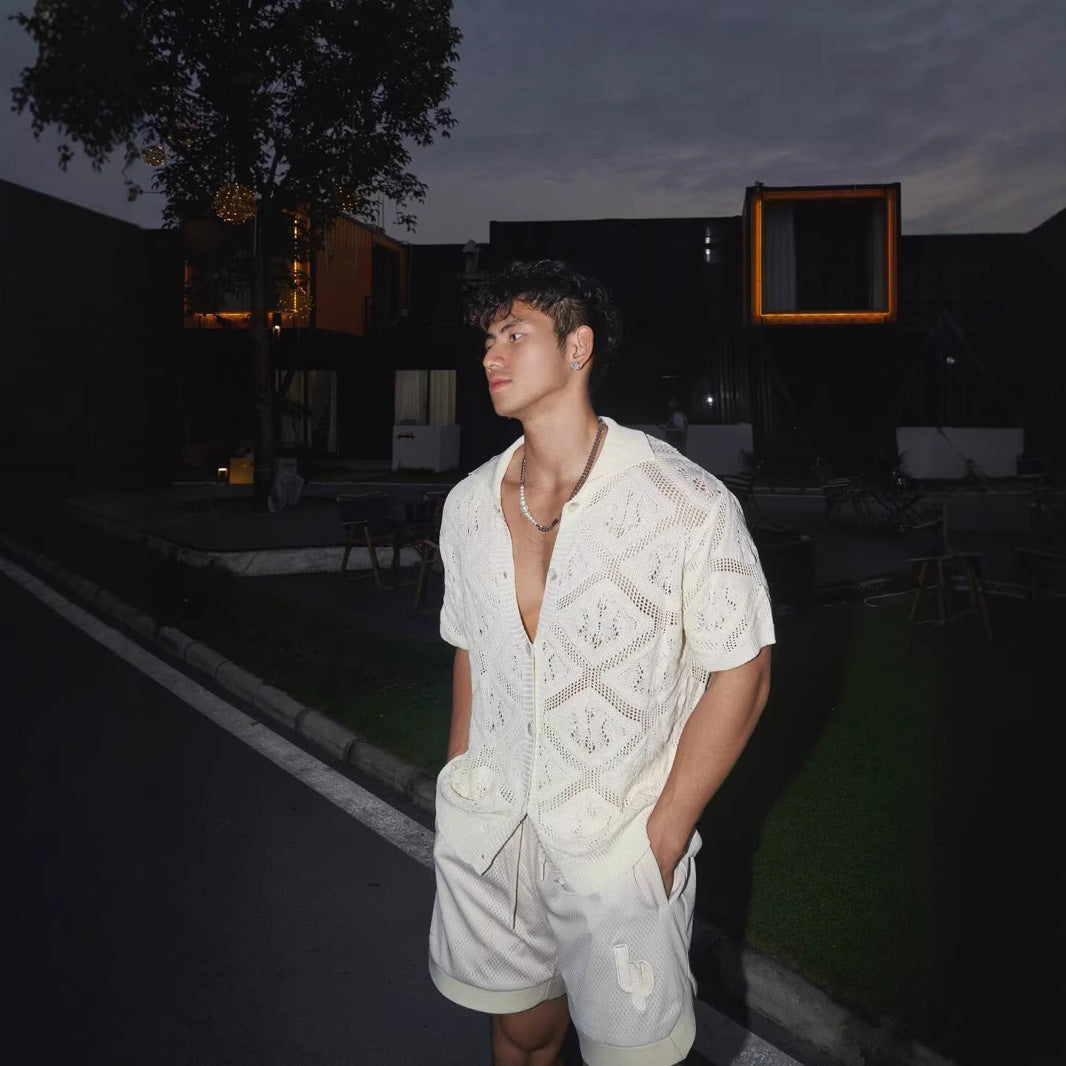 Men’s Knit Cardigan - Lace Mesh Openwork - Oversized Fit - V-Neck Short Sleeve