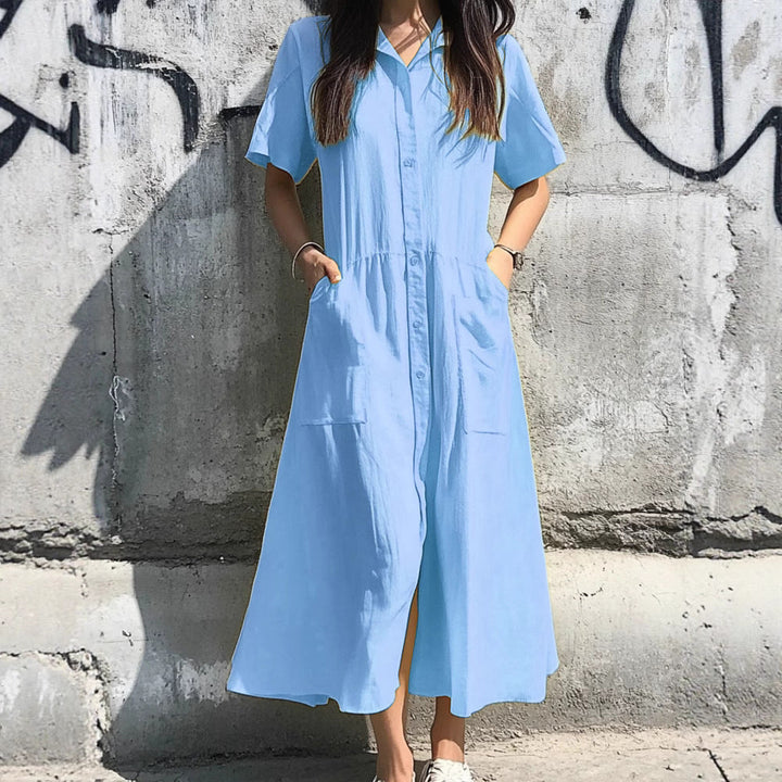 Women’s Shirt Dress – Relaxed Fit – Button-Down – Midi Length – Short Sleeve