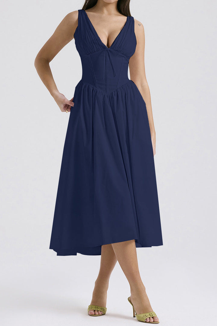 Women’s A-Line Dress – V-Neck – Lightweight Fabric – Midi Length – Floral Print