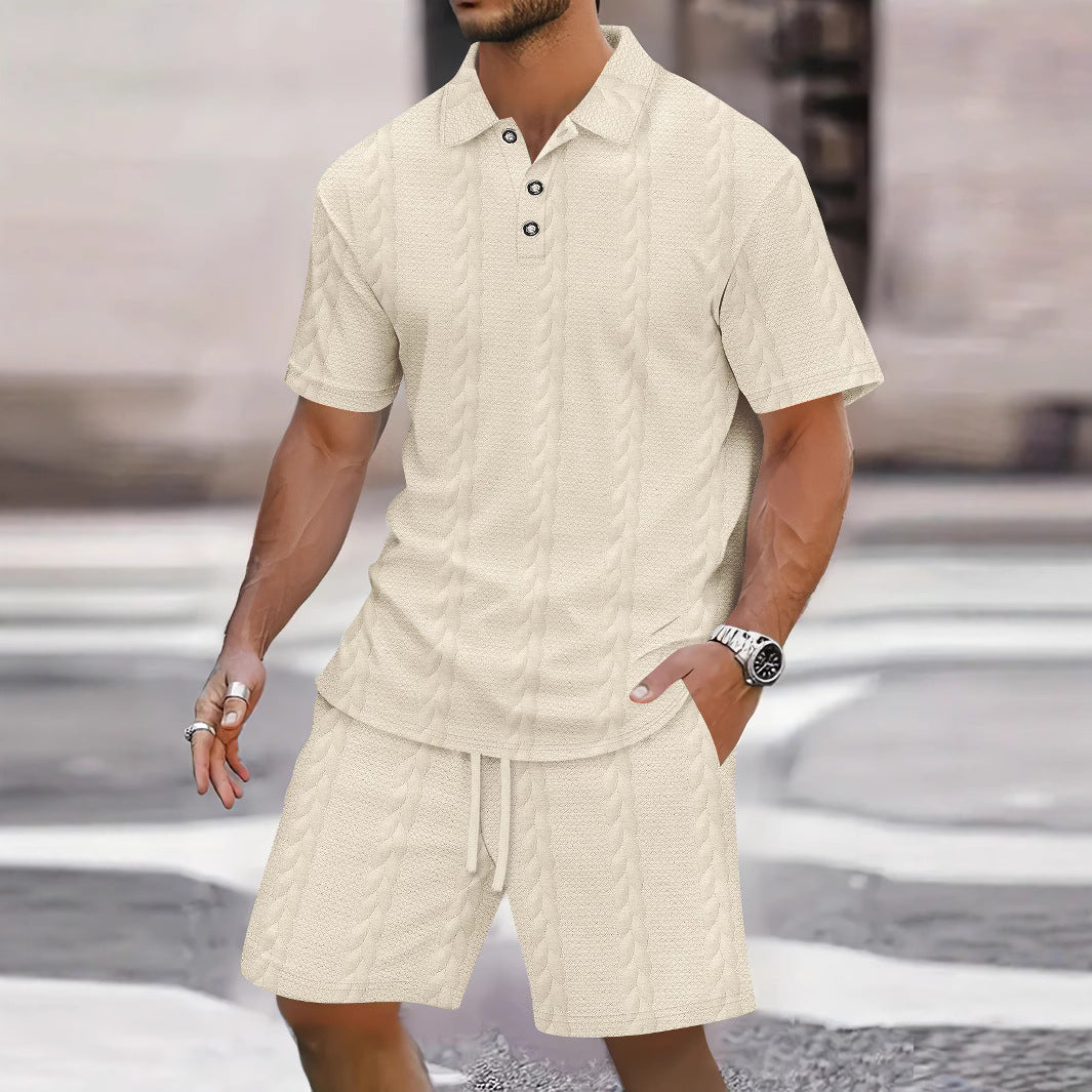 Men’s Shirt and Short Set – Relaxed Fit – Knit Texture – Button Front – Elastic Waist