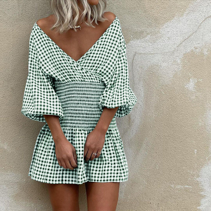 Women’s Mini Dress – Wrap V-Neck – Puff 3/4 Sleeves – Shirred Waist – A-Line Fit