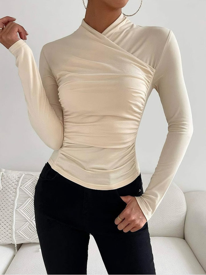 Women’s Long Sleeve Top – Fitted Wrap Design – V-Neck – Ruched Side – Stretch Fabric
