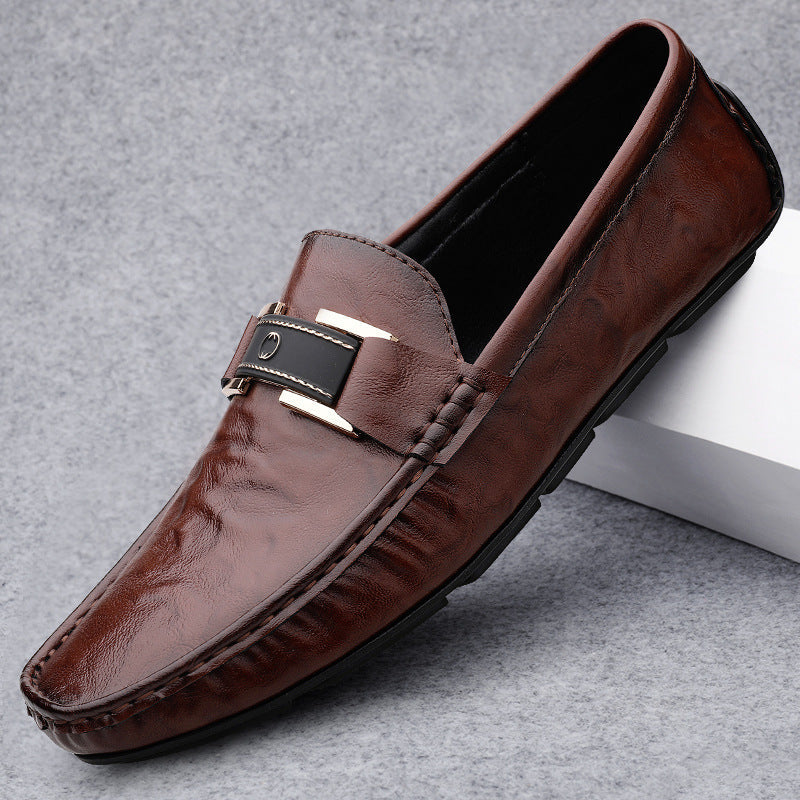 Men’s Leather Loafers - Slip-On Fit - Decorative Strap - Soft Sole Comfort