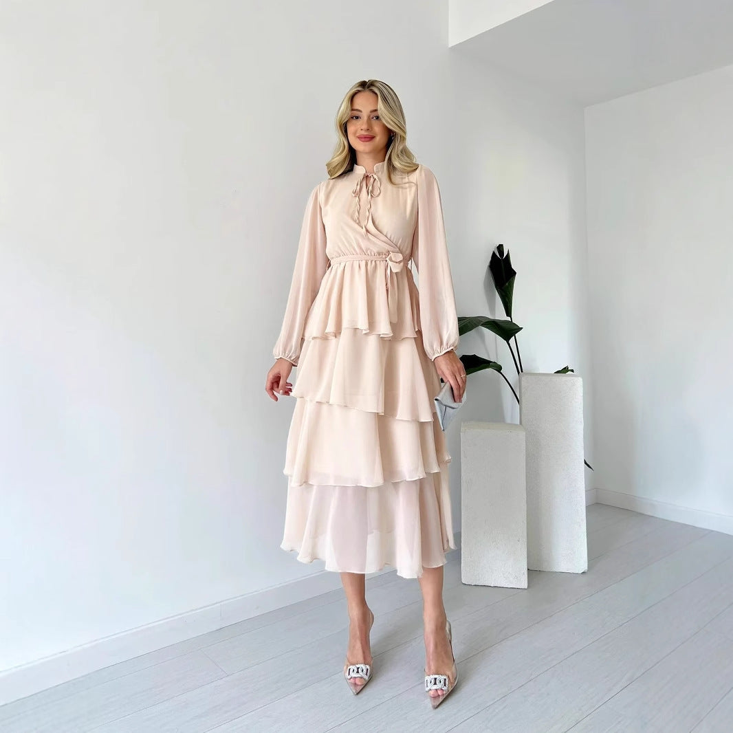 Women’s Midi Dress – Tiered A-Line Silhouette – Sheer Long Sleeve – High Neck Tie Waist