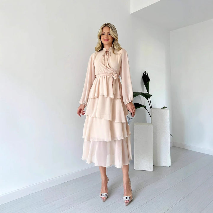 Women’s Midi Dress – Tiered A-Line Silhouette – Sheer Long Sleeve – High Neck Tie Waist