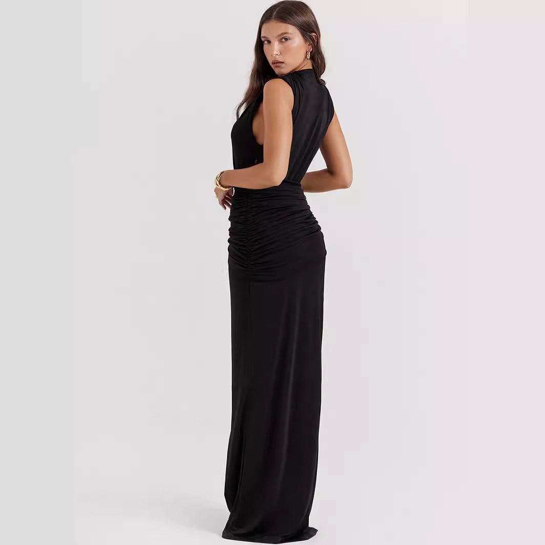 Women’s Evening Gown – Deep V-Neck – High Slit – Draped Waist – Sleeveless Fitted Silhouette
