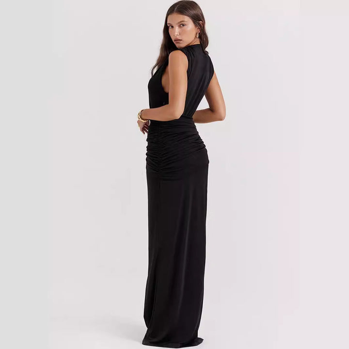 Women’s Evening Gown – Deep V-Neck – High Slit – Draped Waist – Sleeveless Fitted Silhouette