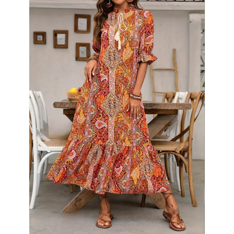 Women’s Midi Dress – Relaxed Fit – Ruffle Sleeves – Boho Print – Tie Neck – Breathable Blend
